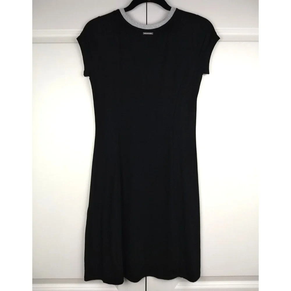 Michael Kors Jersey Knit Dress Womens S Black Silver‎ Metallic Neck Casual LBD
